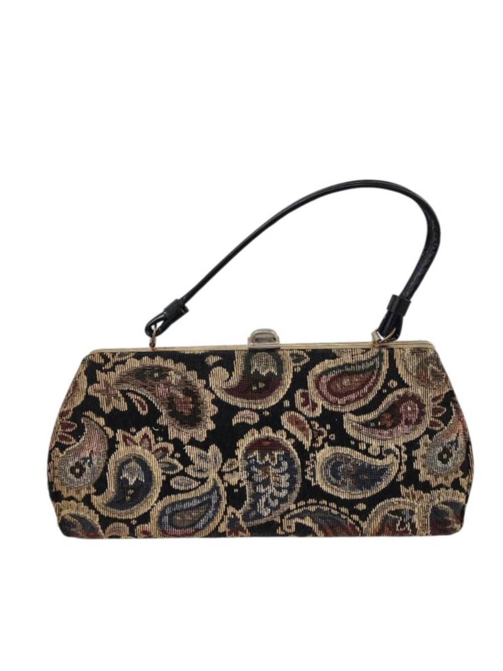 Vintage 1960s Paisley Tapestry Frame Bag Kiss Lock Top Handle Retro Purse